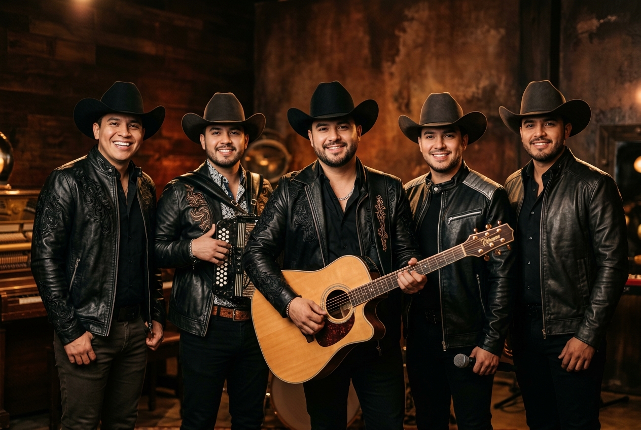 Integrantes de la Banda KVU luciendo sombreros y chaquetas de cuero con instrumentos musicales